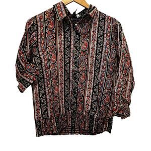 Paisley Print Blouse Top Black Red Multi Sz L Retro Boho Casual Cotton NEW